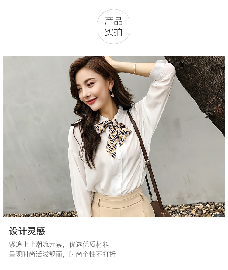 CARRIE&KATE【Designer Style】2019 NEW Spring Pure color Leisure Geometric pattern butterfly knot women's shirt White/L