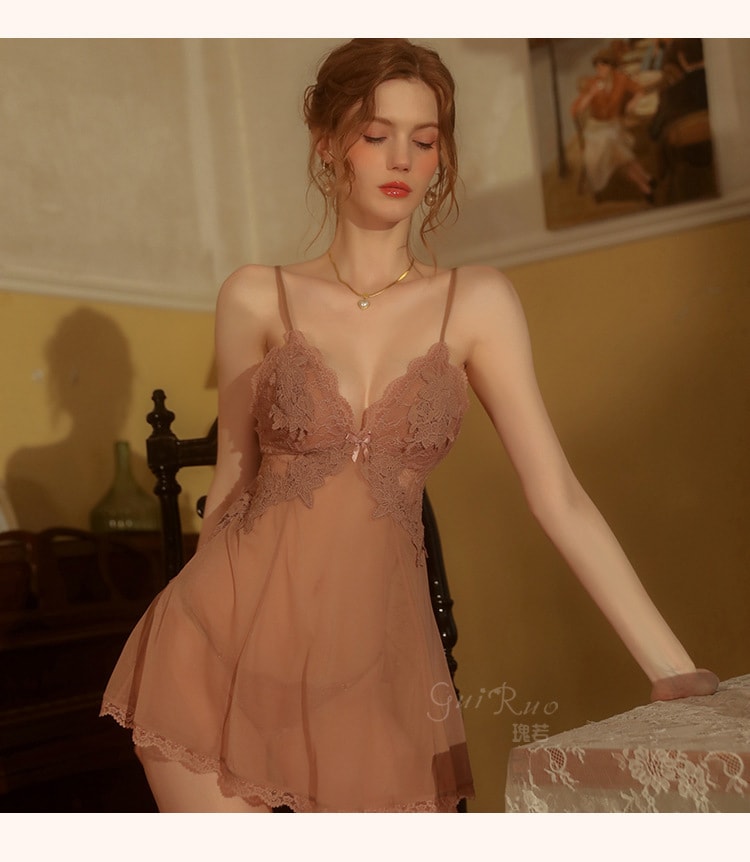 【中国直邮】 瑰若 性感露背吊带睡裙 刺绣睡衣家居服 白色M码