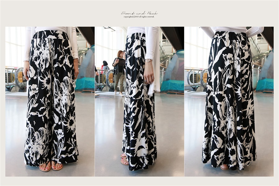 KOREA Black and White Floral Print Wide Leg Pants One Size(Free) [Free Shipping]