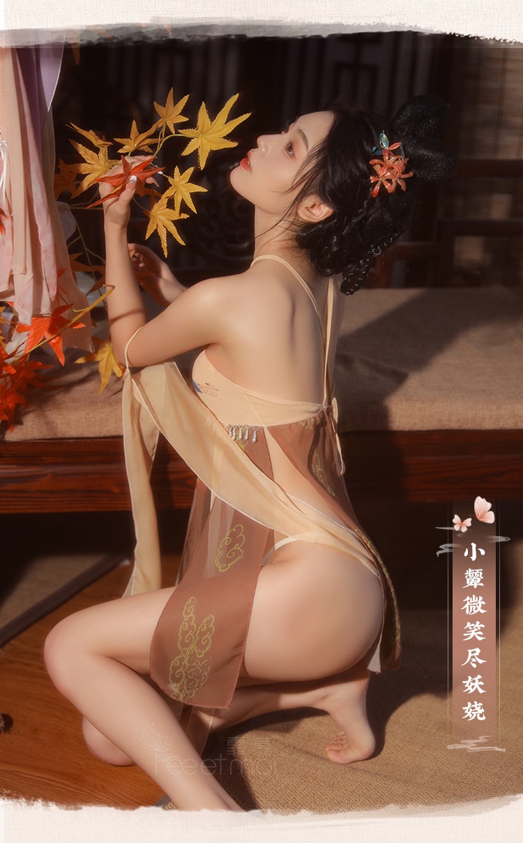 【中国直邮】霏慕 古风汉服 流苏唐风披帛纱裙套装 黄棕【披帛+T裤】