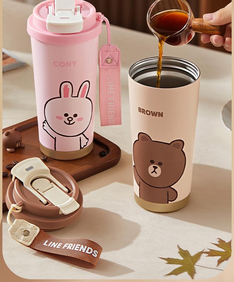【中国直邮】日本 LINE FRIENDS 布朗熊新款保温杯316不锈钢大容量吸管杯高颜值儿童保温双饮水杯   500ml