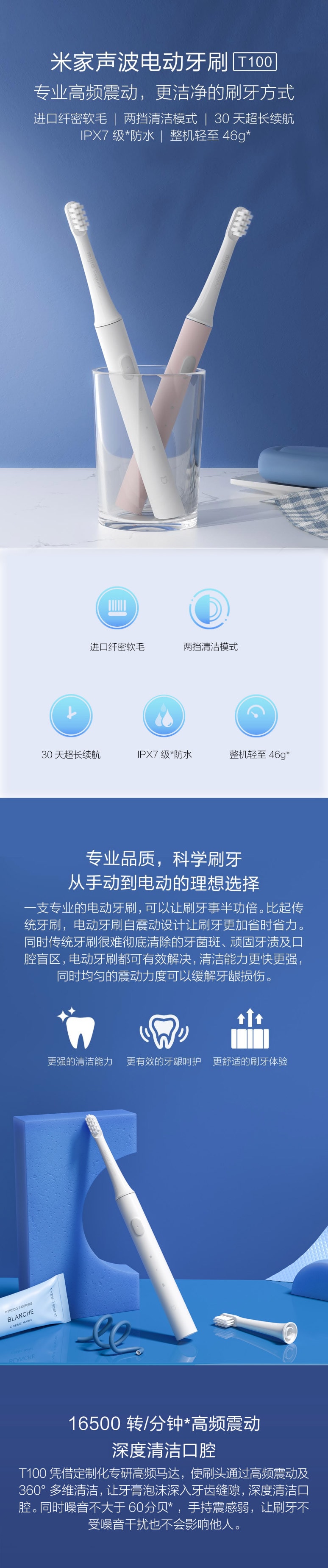 【中國直郵】小米有品 米家聲波電動牙刷 T100 藍色 1支裝