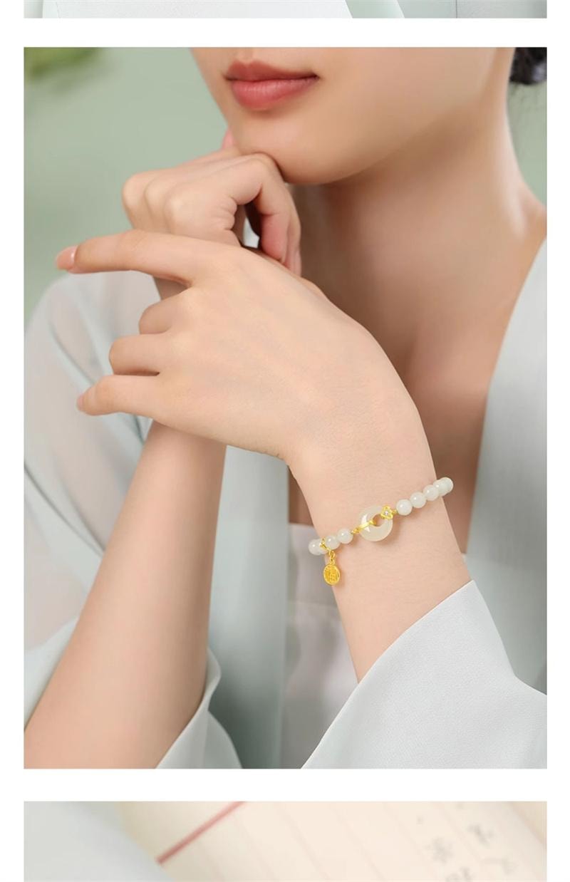 【中国直邮】 周大生 出水福蓉和田玉手串福气平安扣国风手链银 1个装