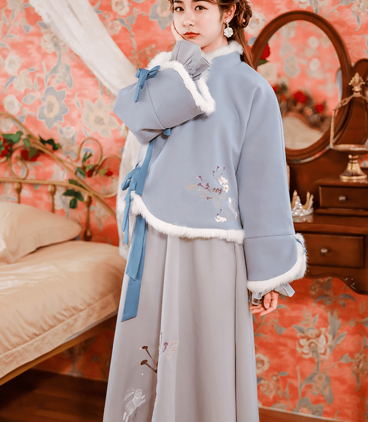 China Direct Mail 2019 Women's Republic of China Chinese Style Woolen Autumn and Winter Tang Costume Blue#1piece