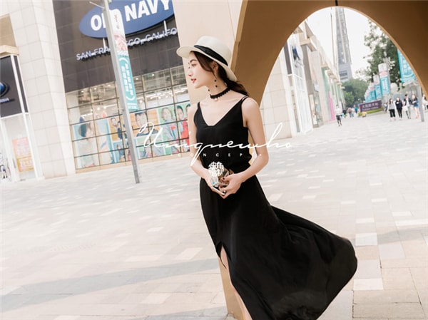 Black Deep V Neck Silk Sling Dress Split Dress for Women Ladies XS