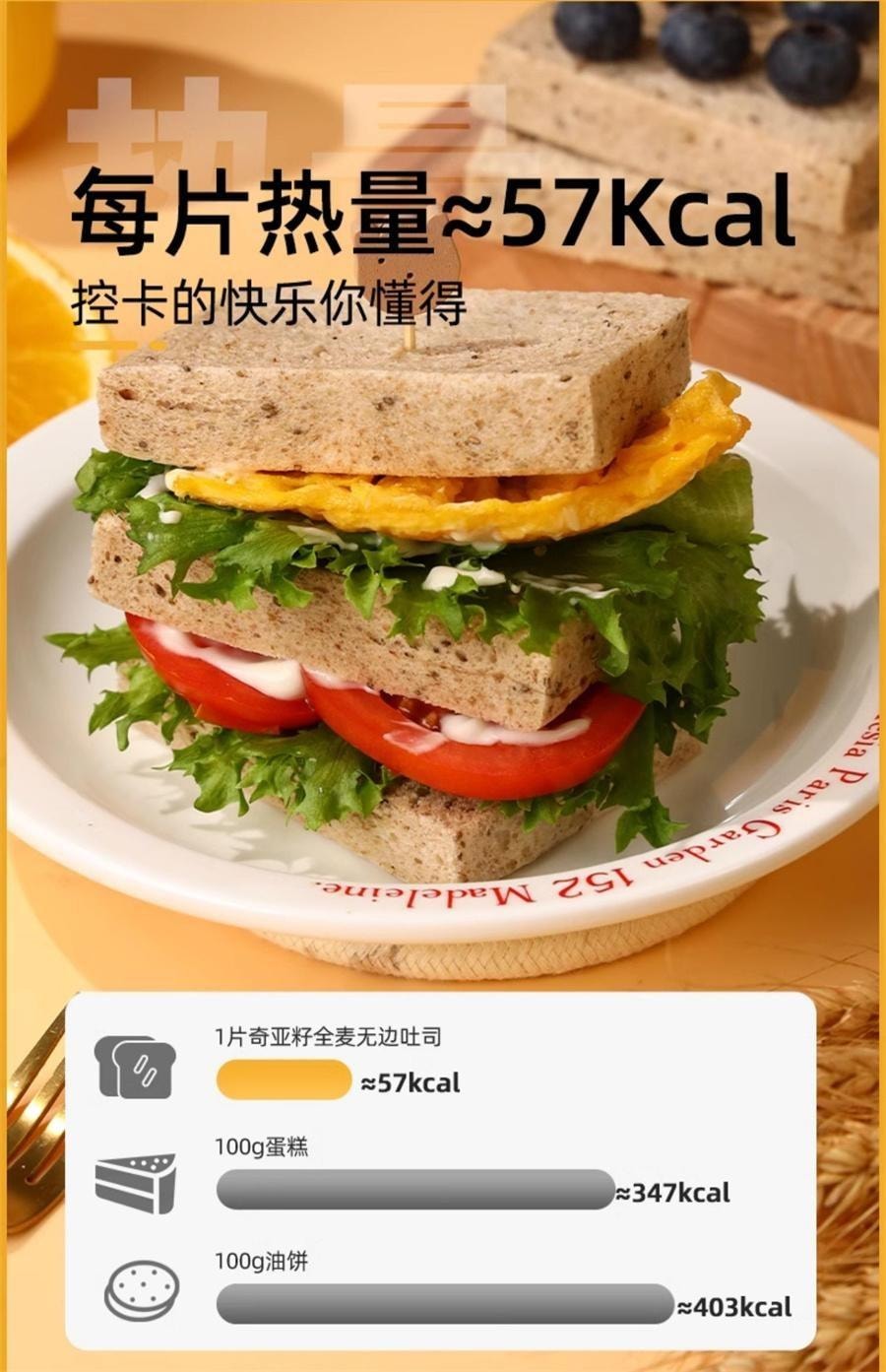 【中國直郵】 暴肌獨角獸 奇亞籽全麥無邊吐司 220g*1箱 無邊吐司全麥麵包0低脂肪卡減奇亞籽熱量早期餐