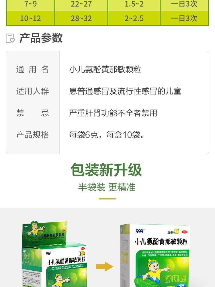 【中國直郵】 999 小兒氨酚黃那敏顆粒 兒童感冒藥 用於感冒引起的頭痛 發燒 鼻塞 咽痛 6g*10袋 /盒