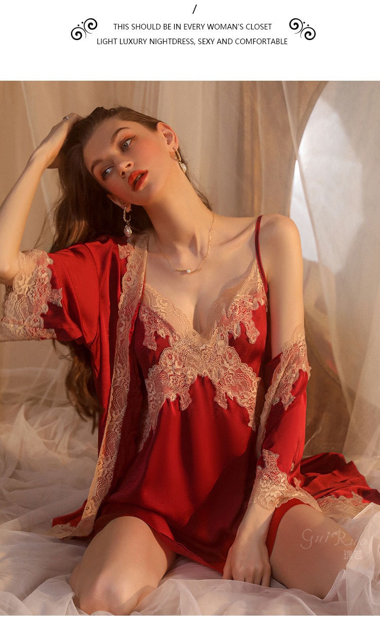 【中國直郵】瑰若 性感深v 蕾絲拼接緞面吊帶睡裙 家居服套裝 紅色M碼(不含外袍)