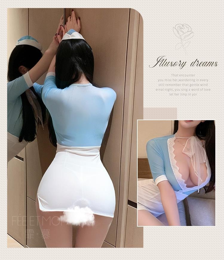 【中國直郵】 霏慕 甜蜜航線深V露胸包臀cos空姐套裝制服情趣內衣性感純欲
