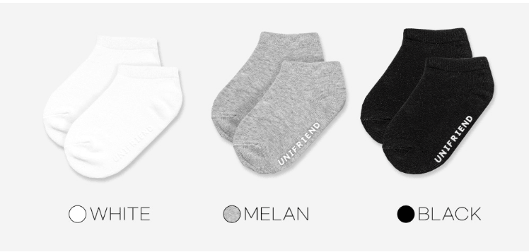 韓國 Unifriend 嬰兒和兒童襪子 混色(2白2灰1黑) 中號 16 cm (長度) x 6 cm (踝) 5雙裝