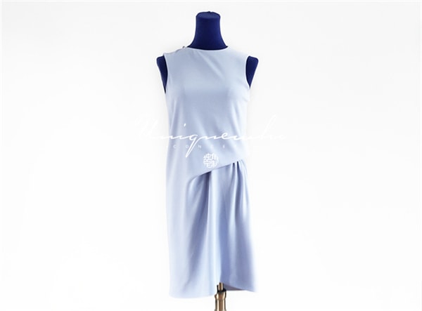 Light Blue Round Neck Sleeveless Back Split Dress for Women Girls M