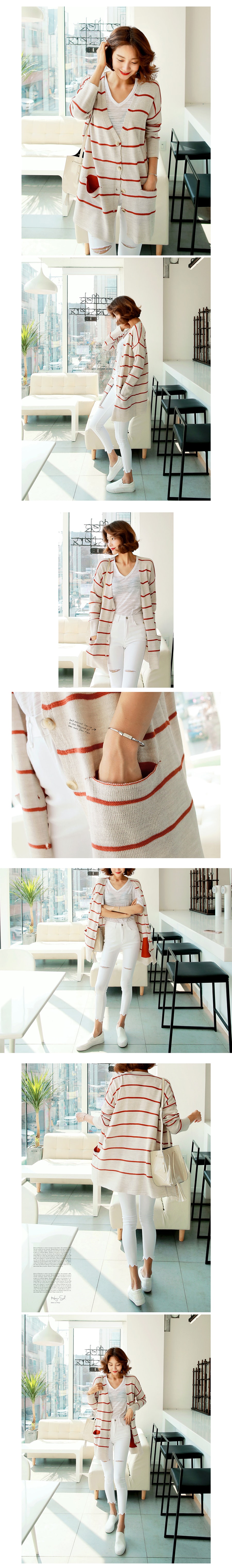 KOREA Color-Block Pocket Cardigan #Beige+Red Stripe One Size(S-M) [Free Shipping]