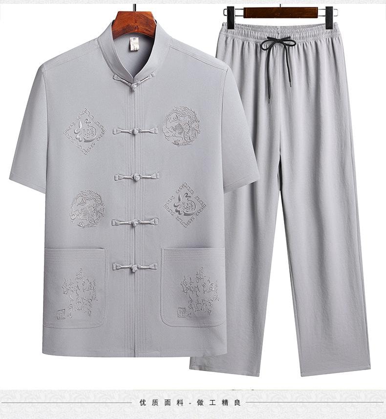 【中国直邮】 水月秦淮 中老年人唐装男士夏装短袖套装国风新中式衣服藏蓝色套装40码
