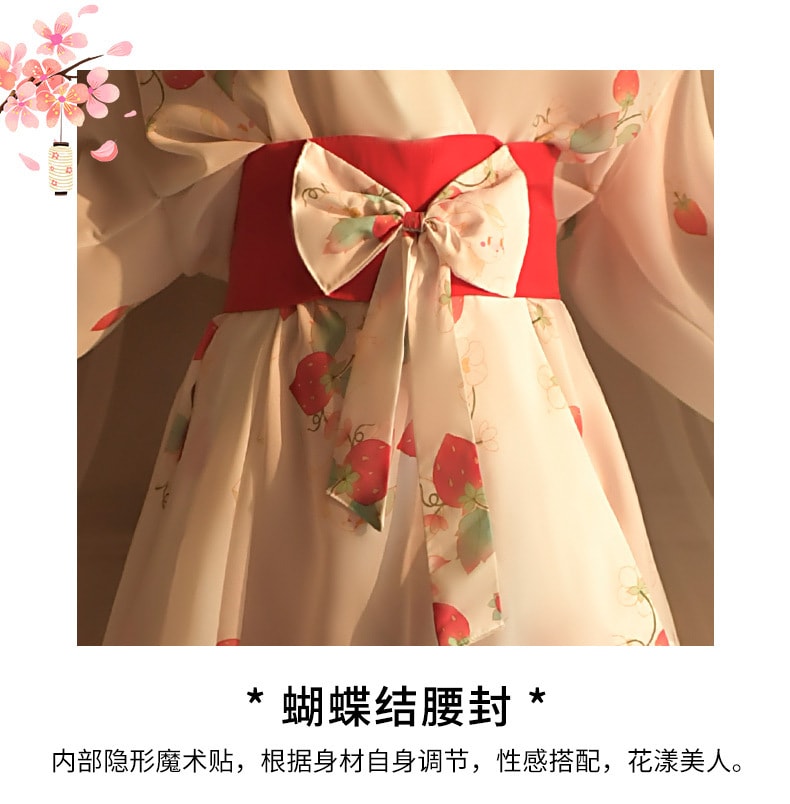 【中國直郵】曼煙 情趣內衣 性感草莓印花開襟V領和服 魔鬼氈腰封套裝 白色均碼