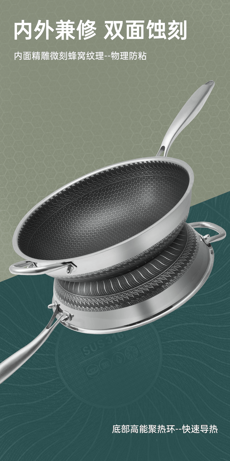 【好锅不娇气 ⭐同等品质价更低】王源吉子品牌 吉盛 32cm不锈钢蜂窝炒锅 物理不粘 316不锈钢 蜂窝纹理 可立盖 电磁炉炒锅