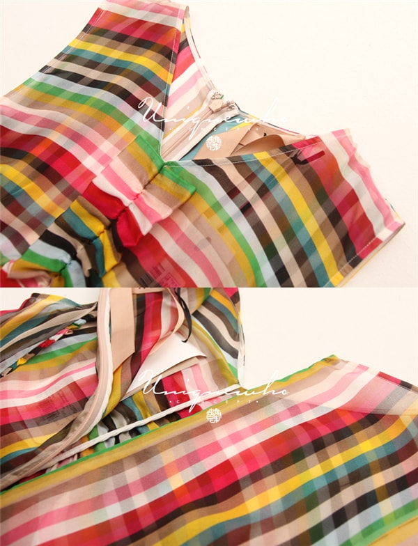Rainbow Striped Sleeveless V-neck Multilayer Irregular Silk Dress for Women Girls M