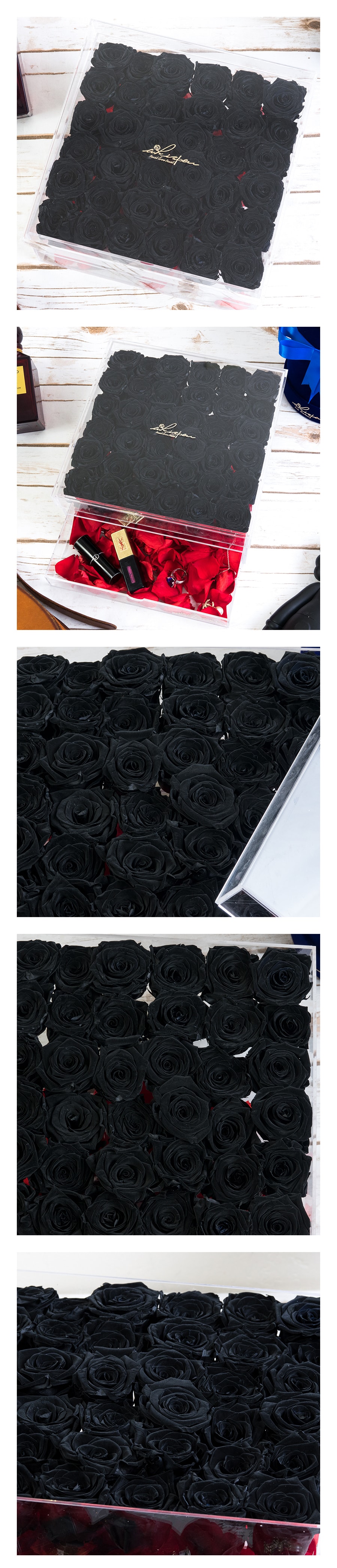 whisper bouquet preserved roses Makeup storage box (Black roses)