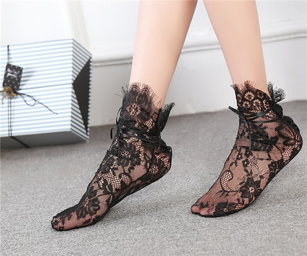 Girls Women Vintage Lace Socks Flower Hollow Mesh Socks Black & White Set 2 Pairs