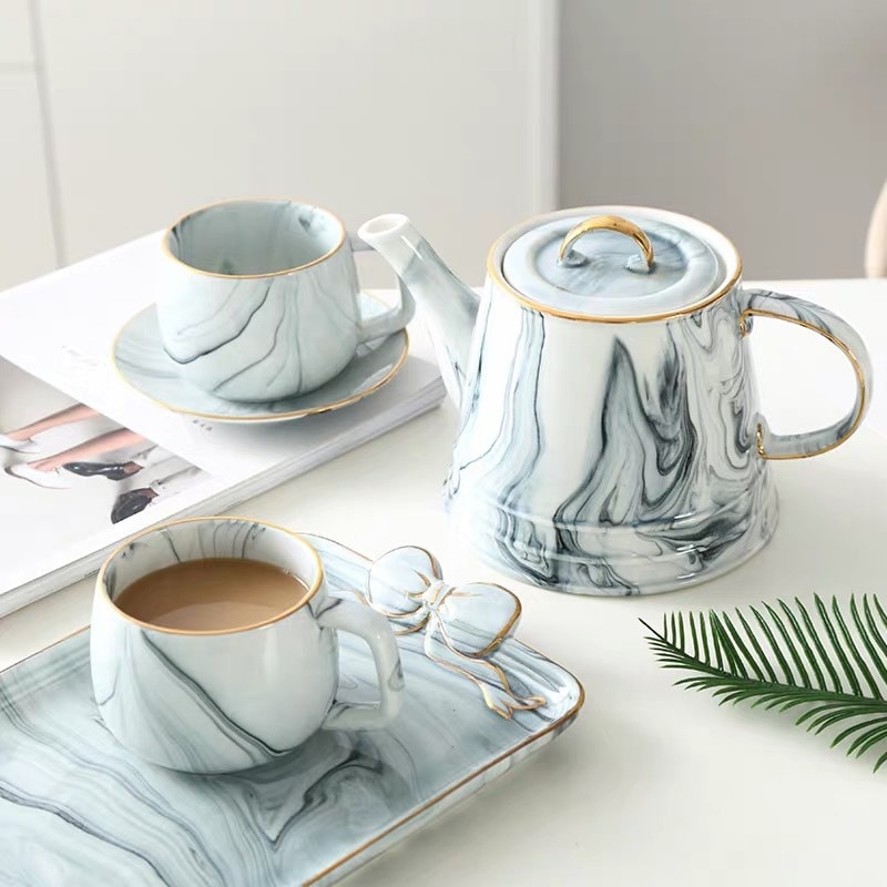 "Luxury Time" Marble Teapot with 2 teacup and Saucer - Grey