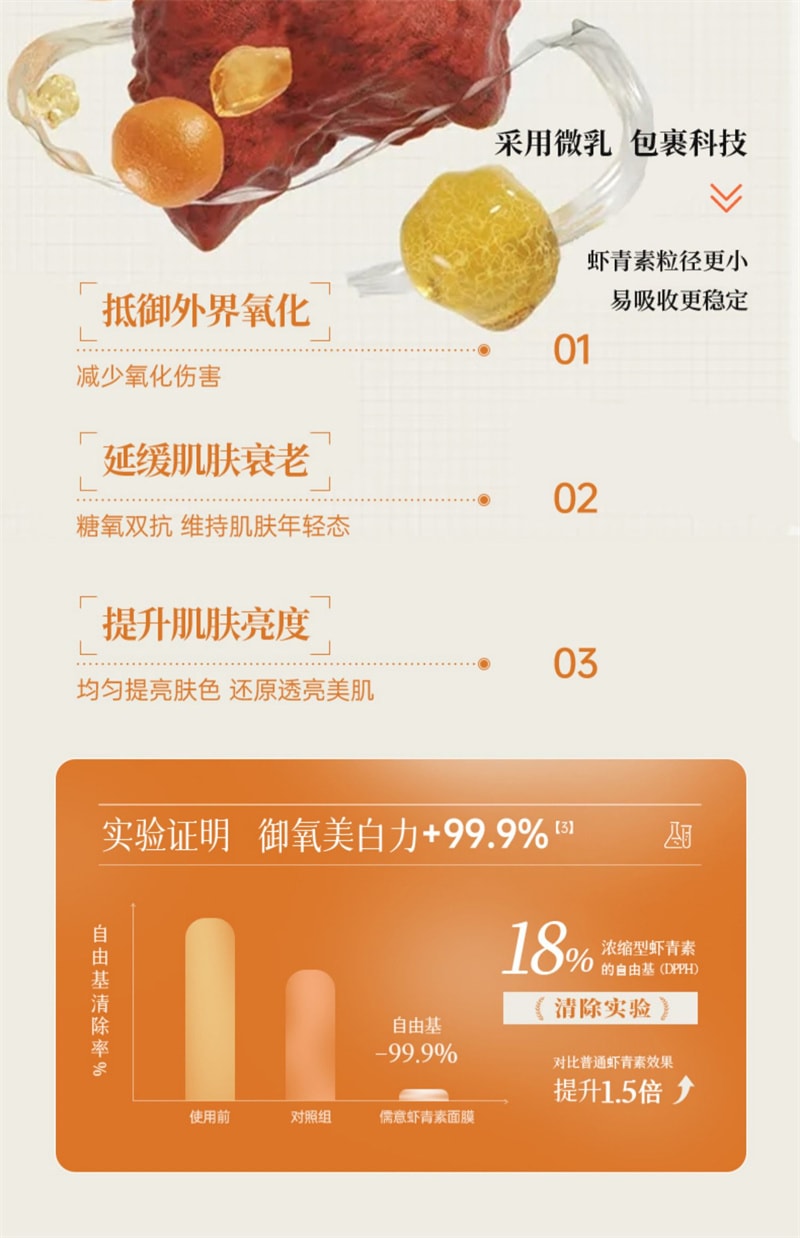 【中國直郵】 儒意 蝦紅素雙抗面膜 補水保濕美白抗氧去黃氣暗沉抗皺緊緻曬修復 10片/盒