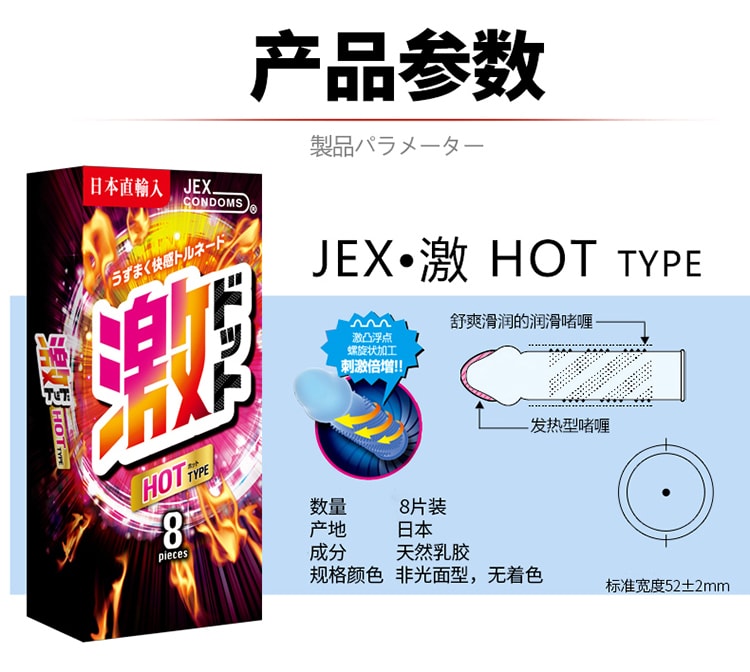 日本JEX捷古斯 凸点螺纹热感润滑 超薄安全套 8片入