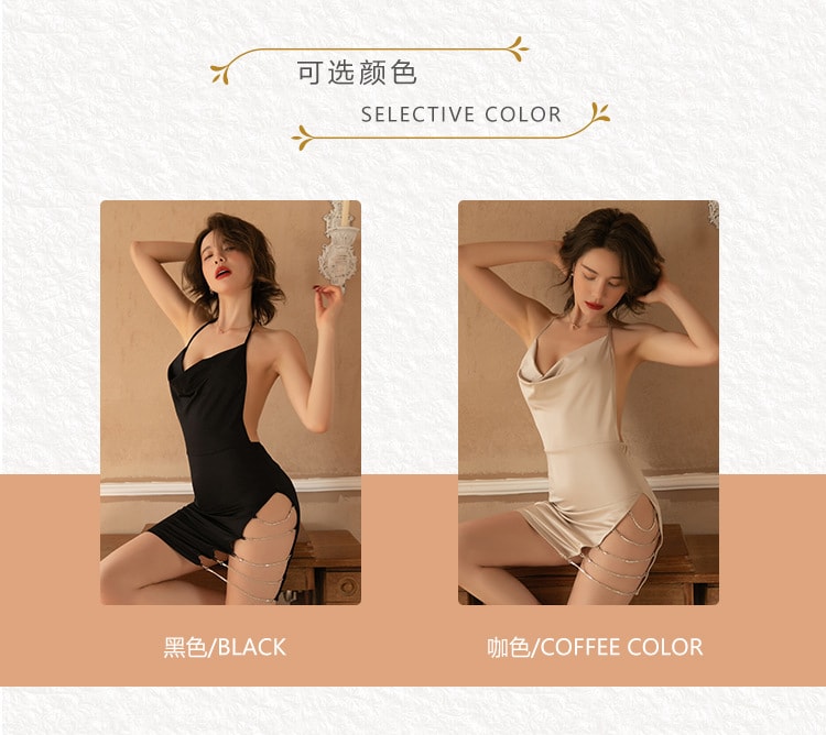 【中國直郵】瑰若 性感 深v開叉 鏈條露背掛脖睡裙 夜店 家居服 睡衣 黑色 M碼