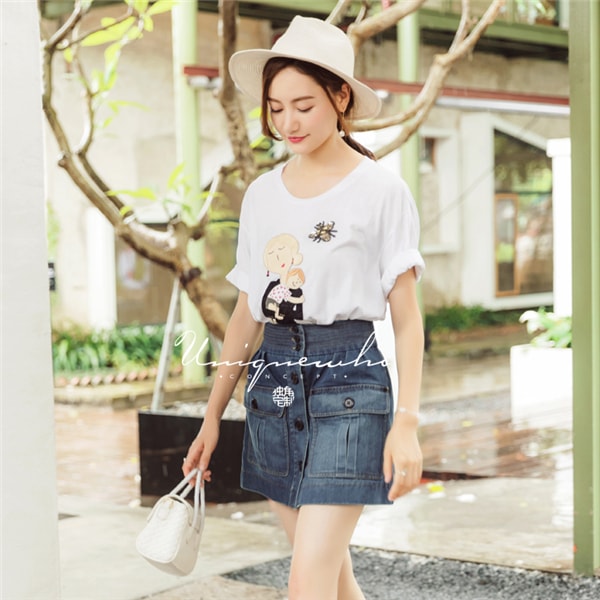 White Pure Cotton T-shirt for Girls Women Mother Holds Baby Pattern Long Tops S