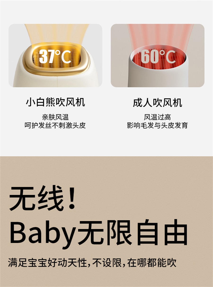 【中國直郵】小白熊 嬰兒吹風機吹屁寶寶吹風專用無線恆溫低輻射兒童吹風筒 白色