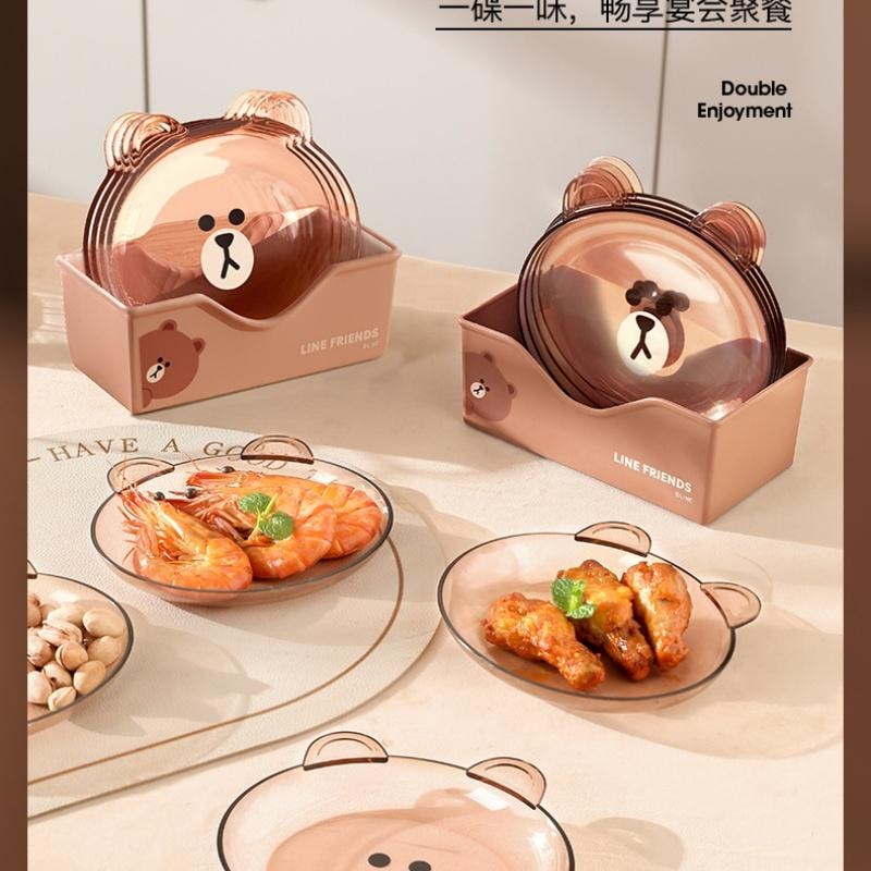 【中國直郵】日本 LINE FRIENDS 布朗熊醬油沾料碟調味調味骨碟家用高級感 4個裝-半透明吐骨碟