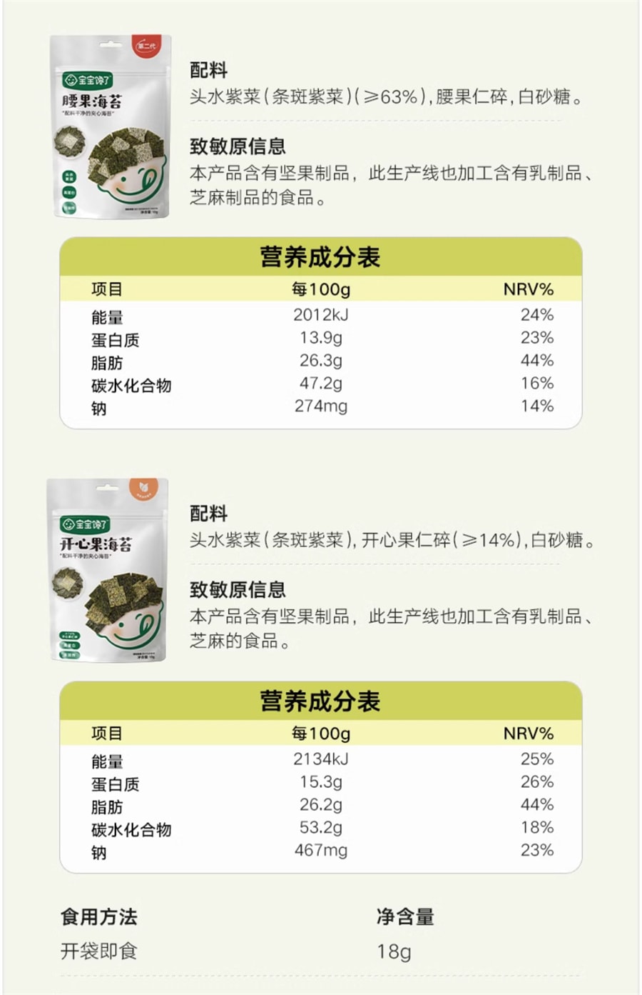 【中国直邮】 宝宝馋了 海苔夹心脆片即食 儿童零食无添加盐辅食食谱 开心果夹心海苔 18g/袋