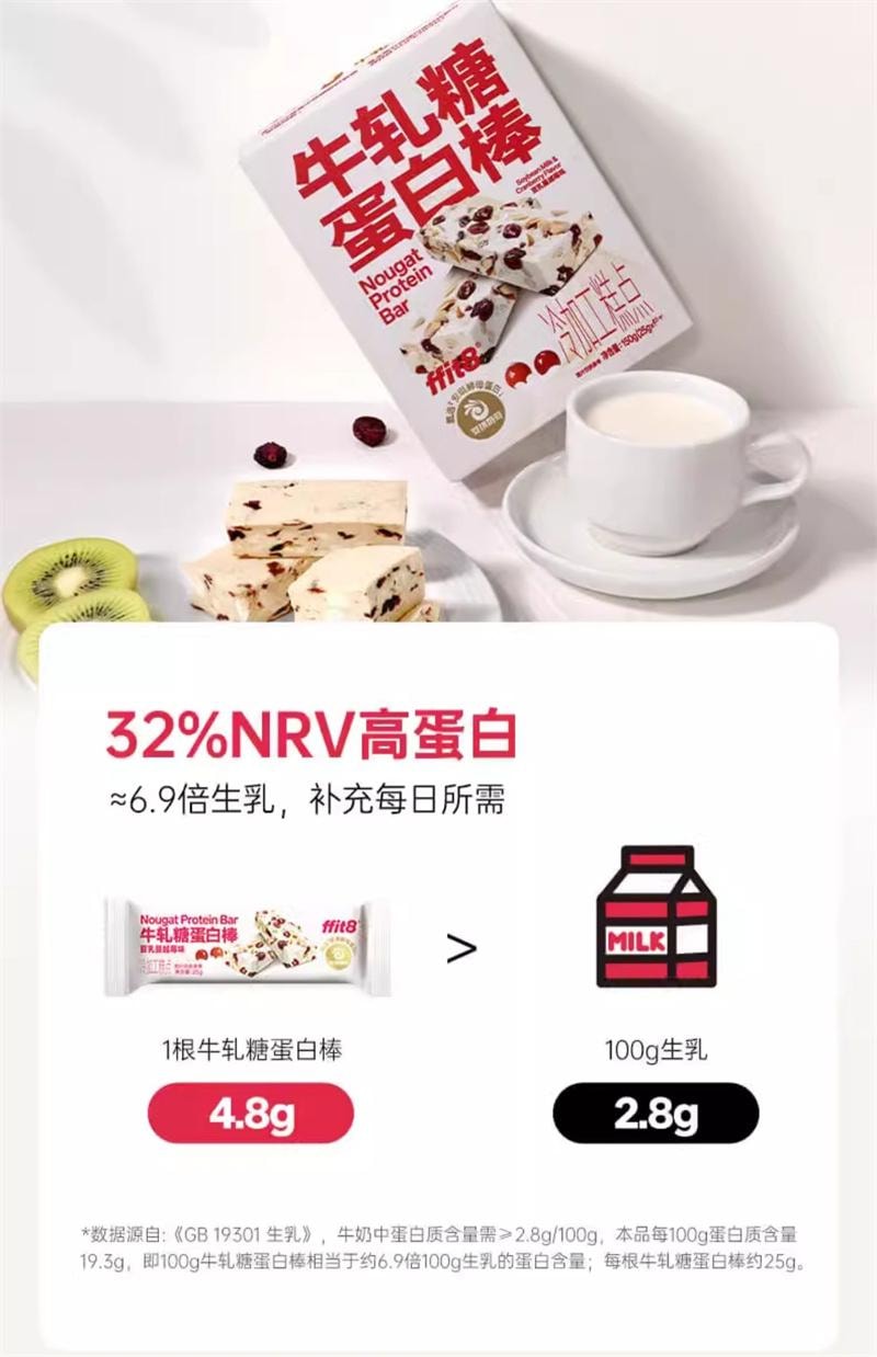 【中國直郵】 ffit8 酵母蛋白牛軋糖蛋白棒25g*6根/盒 豆乳蔓越莓味代餐棒健身解饞小零食