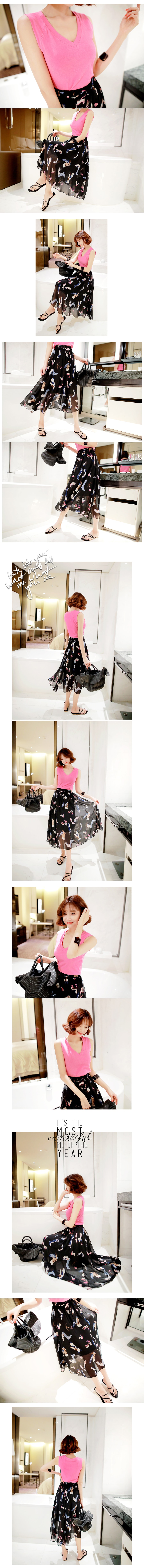 KOREA V-neck Sleeveless Tee #Pink+Flared Chiffon Skirt #Black 2 Pieces Set One Size(S-M) [Free Shipping]