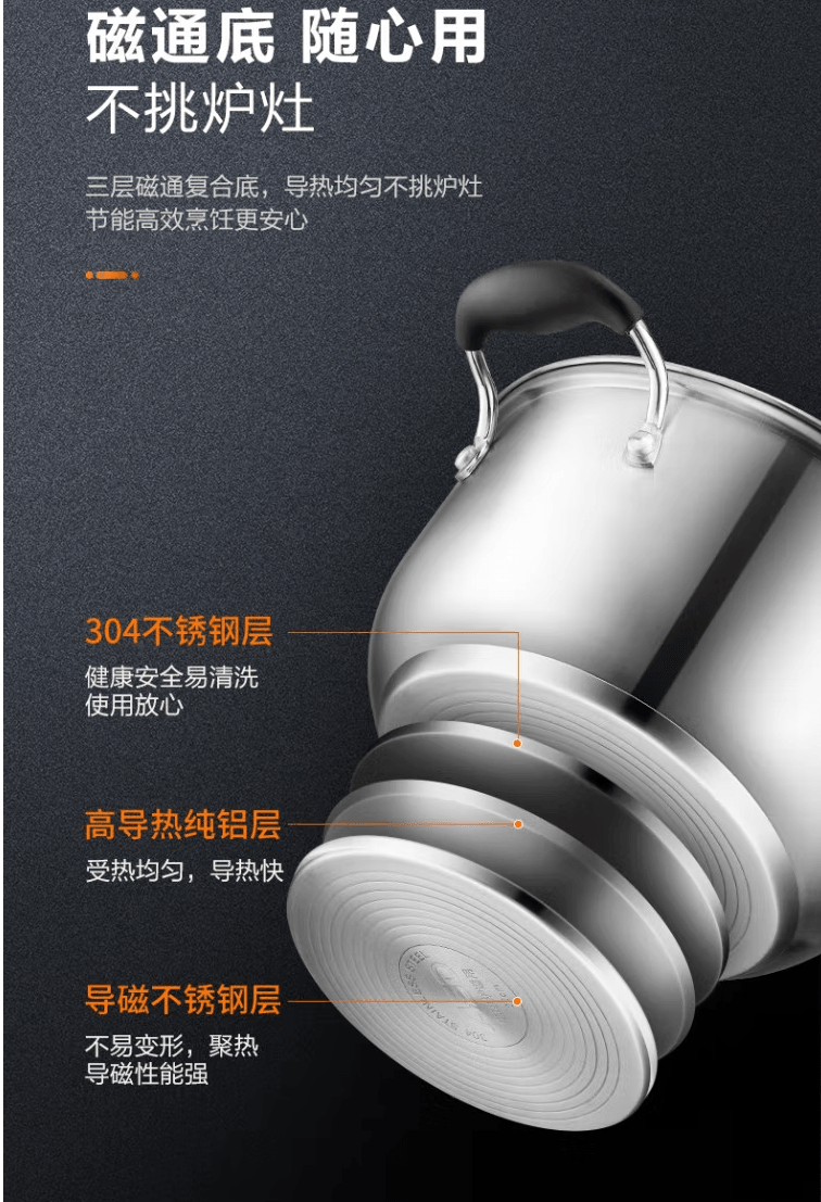 爱仕达 蒸锅汤锅304不锈钢单层24cm煮粥炖汤锅