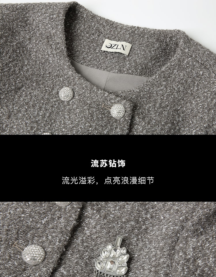 【中国直邮】OZLN 早秋新品双排扣方领廓形粗粗花呢可拆卸毛绒袖外套 S