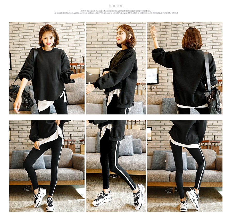 WINGS Layered Sweatshirt and Side Stripe Leggings With Fleece Lining #Black One Size(Free)