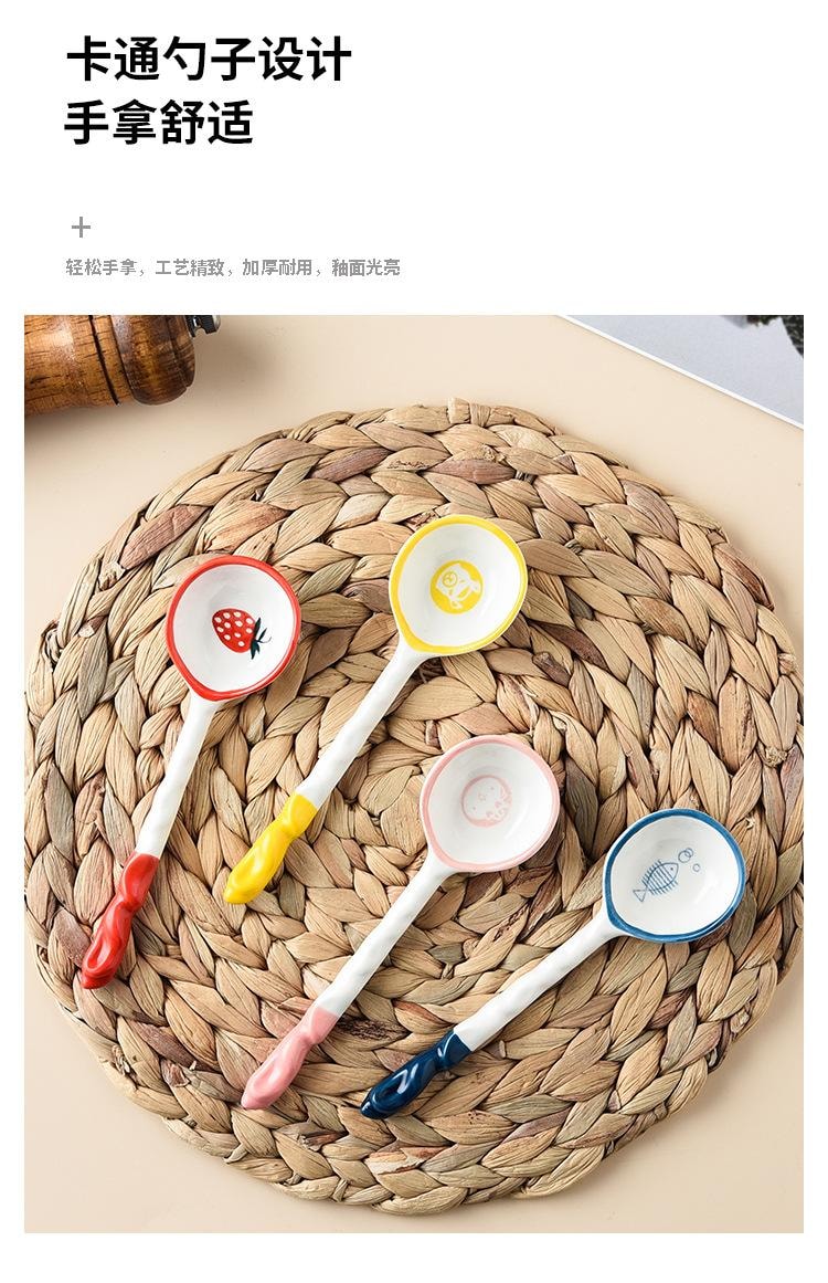 【中国直邮】 FOXTAIL 陶瓷勺子组合 长柄 卡通 甜品勺 家用 可爱 儿童 吃饭勺 喝汤 调羹-动物+草莓组合 1套 *|预计到达时间3-4周