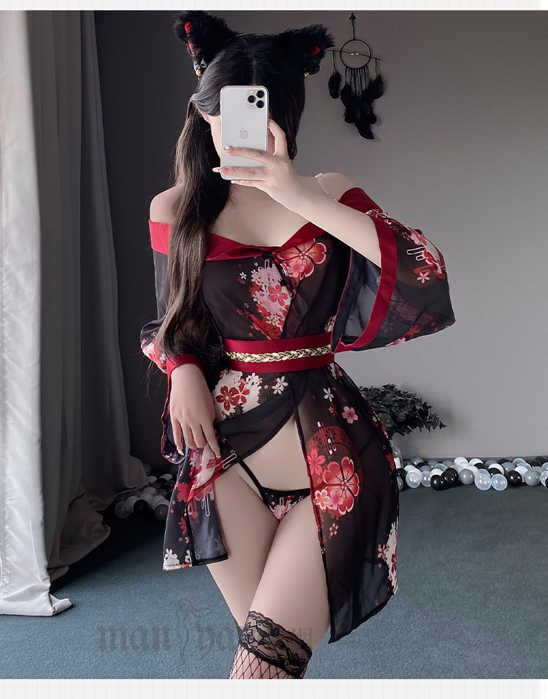 Fun Lingerie Sexy One Shoulder Japanese Kimono Cardigan Set Black Red One Size - Yami.com Fun Lingerie Sexy One Shoulder Japanese Kimono Cardigan Set Black Red One Size - Yami.com