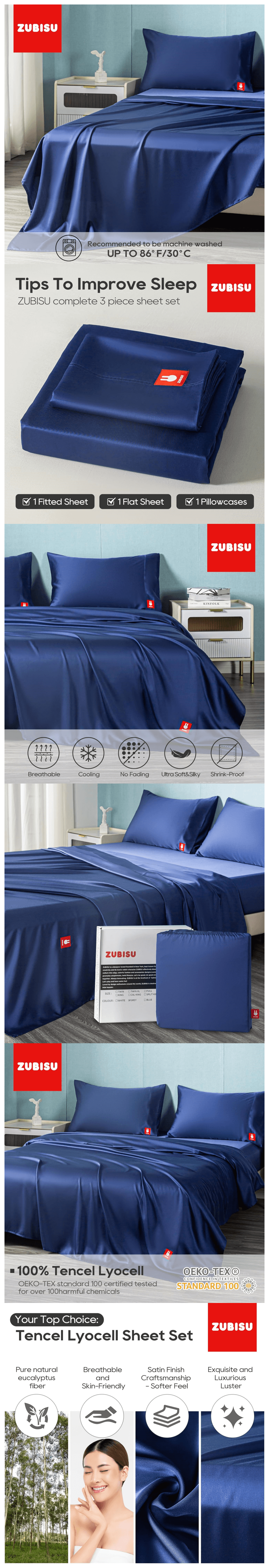 【美国直邮】天丝四件套宝蓝色Split King FLAT SHEET 274*259cm/FITTED SHEET 99*203cm/PILLOWCASE 50*101cm*2