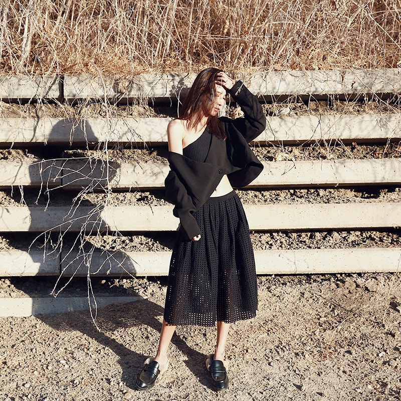 MOIS 镂空高腰中长款半身裙 黑色 XS