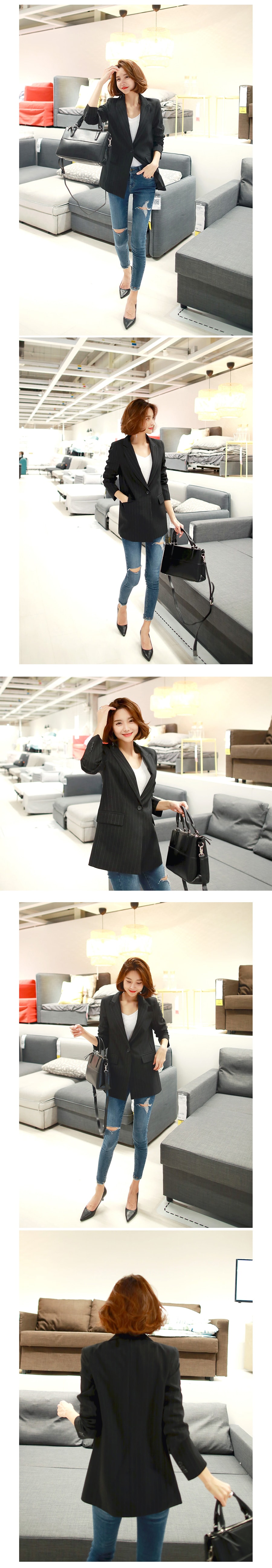 KOREA Single Button Striped Blazer #Black L(38) [Free Shipping]