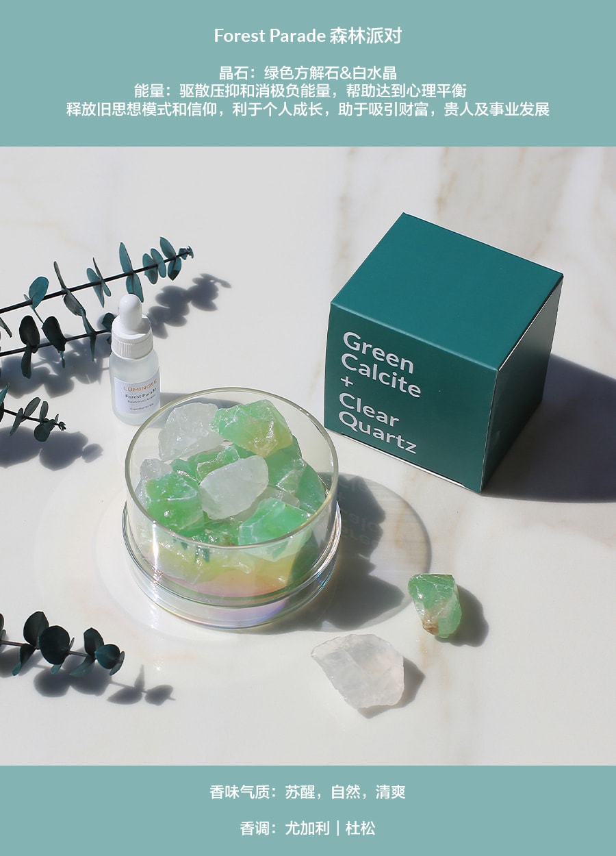 Luminose 扩香晶石礼盒 无火香薰精油晶石精致香氛 绿色方解石 白水晶 绿香调 | 森林派对 320g