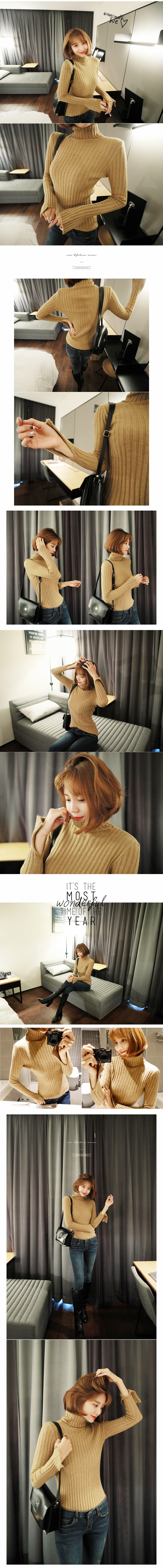 KOREA Turtleneck Bell Sleeve Ribbed Knit Top Beige One Size(S-M) [Free Shipping]