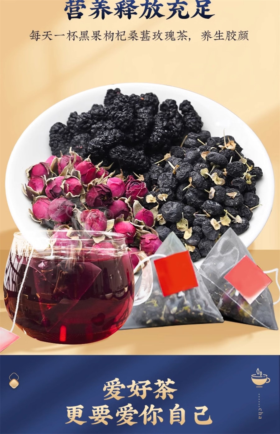【中国直邮】北京同仁堂  桑葚玫瑰花茶桑椹干黑枸杞泡刺梨养生茶女人早c晚a茶包  125g/盒