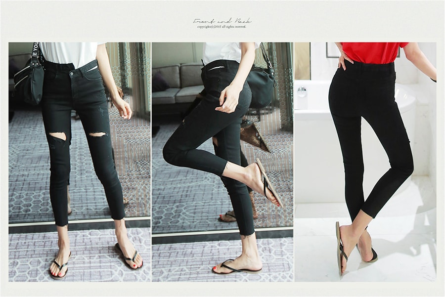 [KOREA] Skewed-Waist Distressed Skinny Jeans #Black M(27-28) [免费配送]