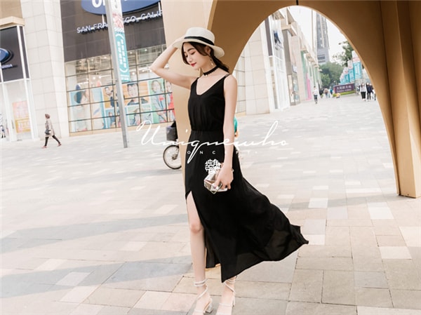 Black Deep V Neck Silk Sling Dress Split Dress for Women Ladies XS