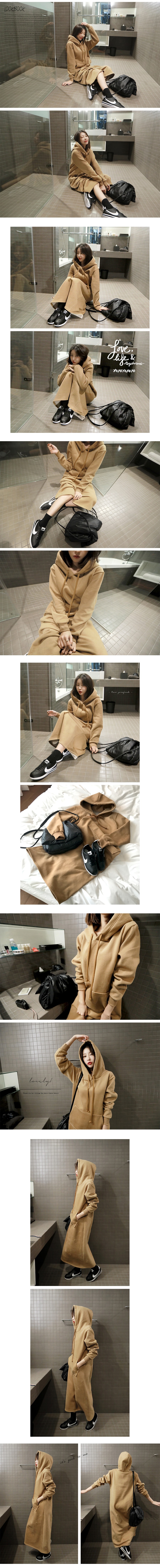 KOREA [Free Shipping] Hoodie Sweatshirt Long Dress(Fleece Lining) Beige One Size(Free)