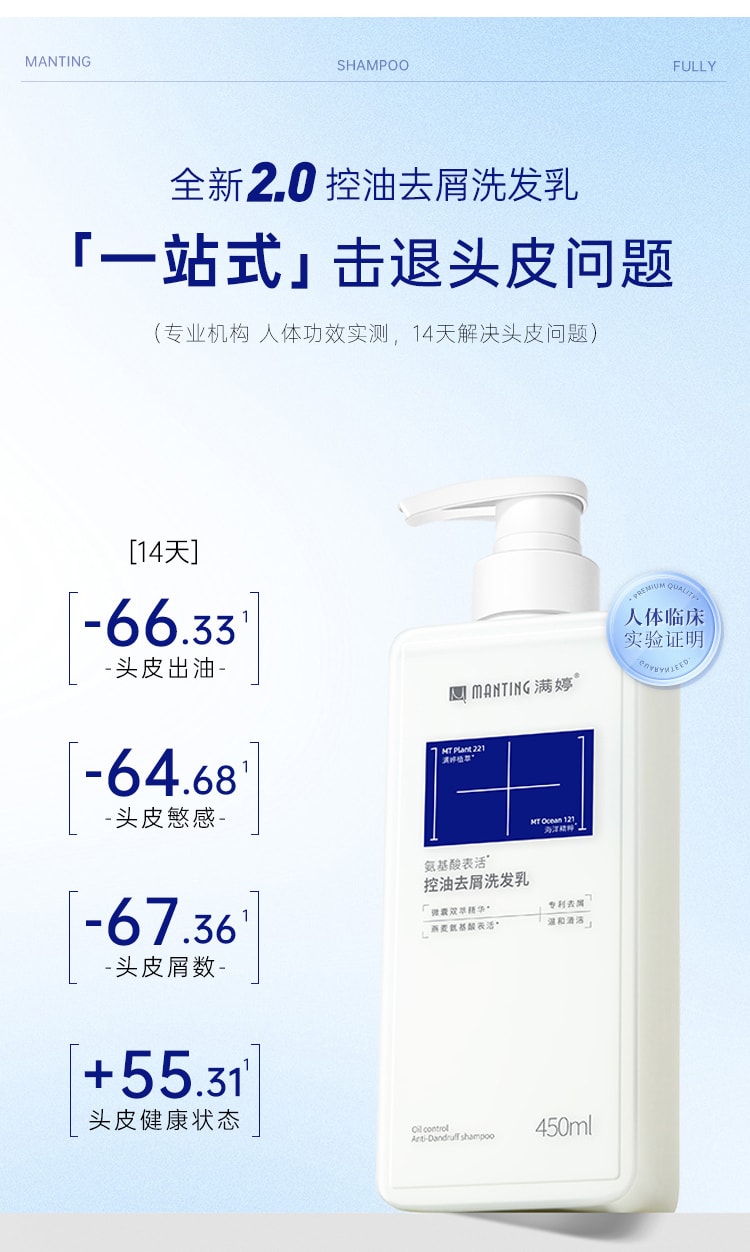【中国直邮】 满婷 氨基酸控油去屑洗发乳250ml 去屑小蓝方 止痒清爽