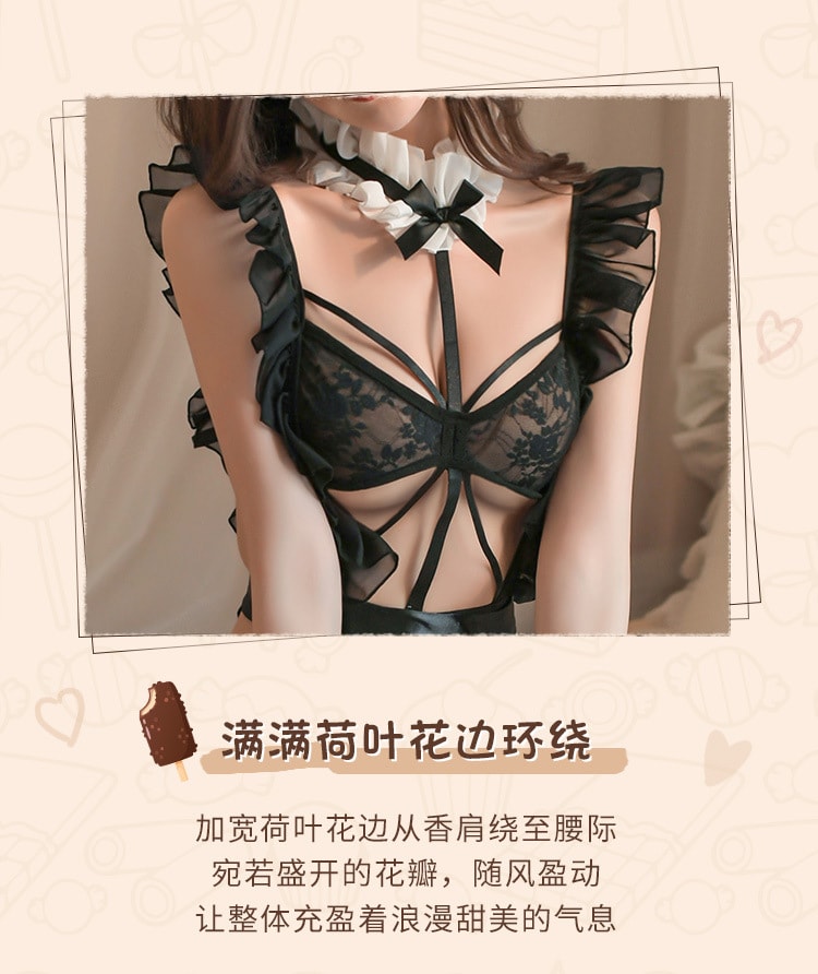 【中国直邮】霏慕 情趣内衣 甜美乖巧女仆装 均码 黑白(发箍+连颈环上衣+双腰边T裤+绑带围裙)