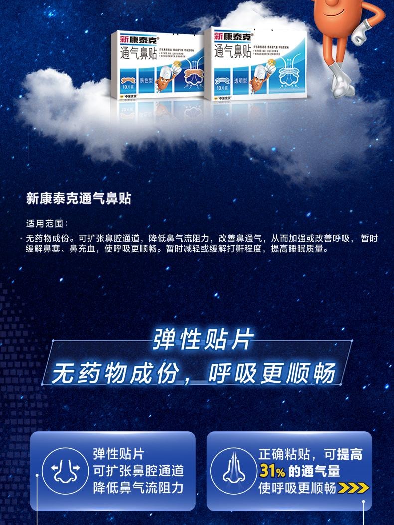 【中國直郵】 新康泰克 通氣鼻貼10片裝成人緩解過敏性鼻炎感冒鼻塞兒童正品