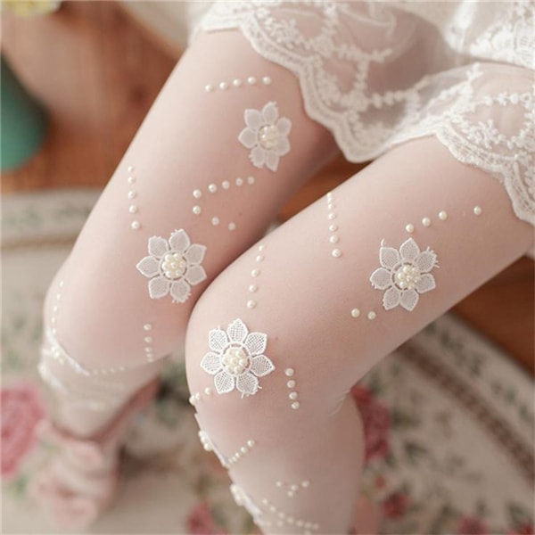 Girls Women Sexy Pantyhose Applique Beaded Silk Stockings Ultra Thin Transparent Slim Elastic Tights White 1PC
